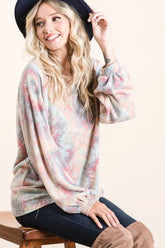 BiBi Brushed Tie Dye Print Top with Puff Sleeves OutfitFlow